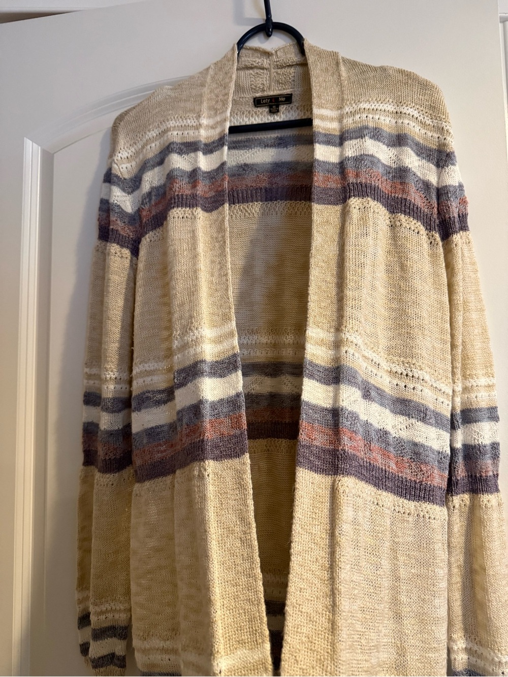Lety&Me Brand Cream Striped Open Front Women's Cardigan Sweater